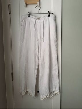 100% Cotton Gauze Beach Pom Coverup Pants (White | M-L)
